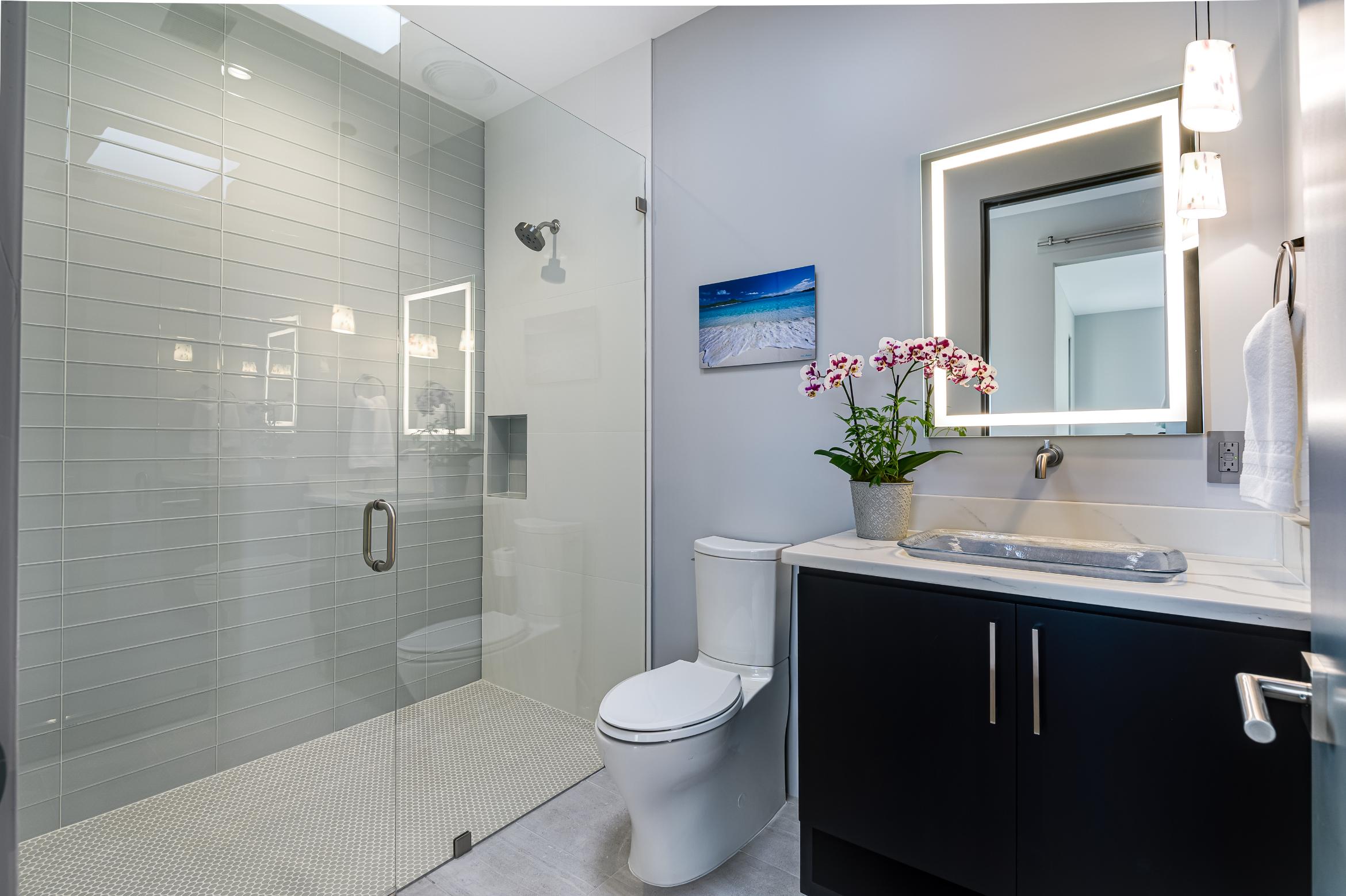Modern bathroom with glass shower and sleek vanity.