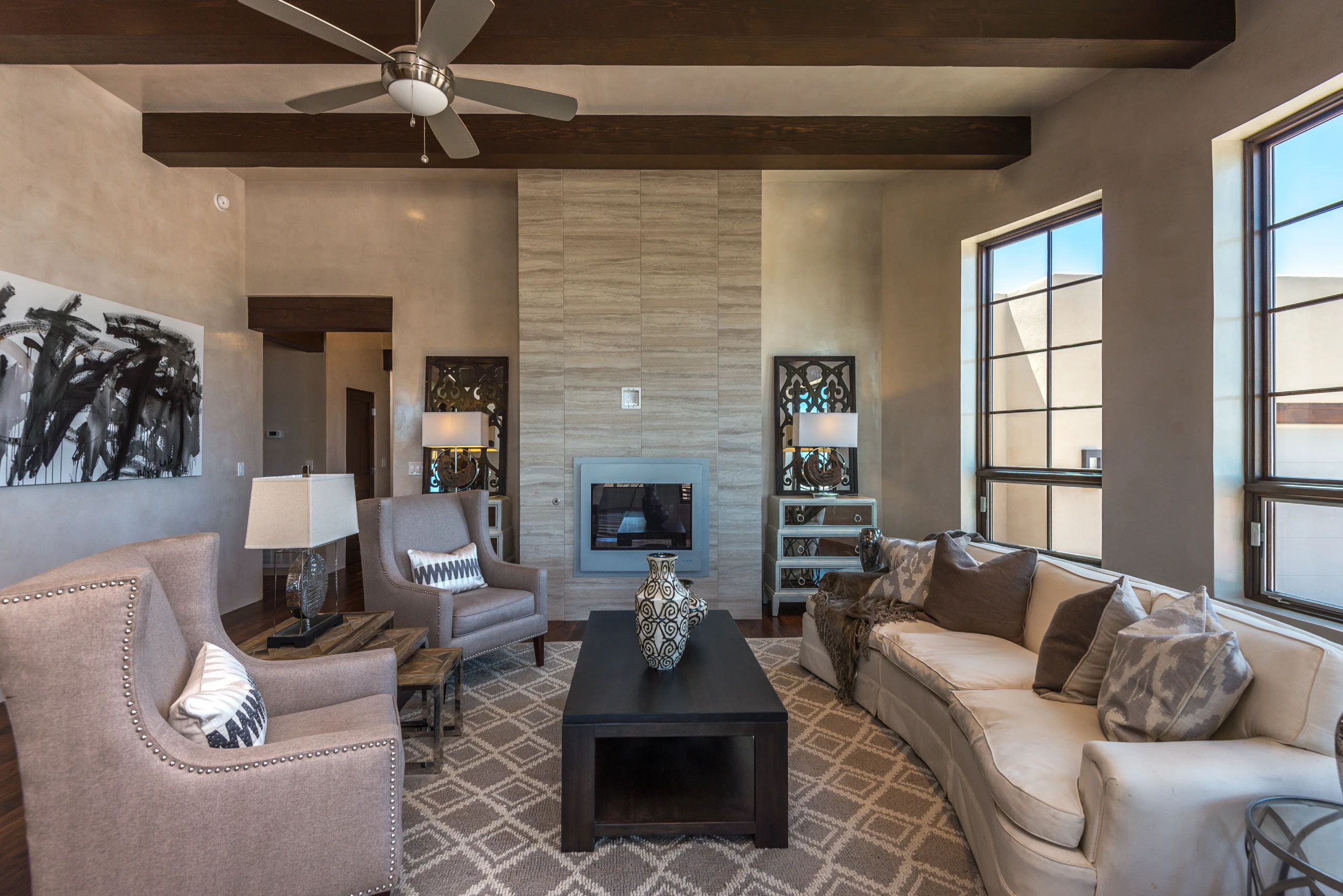 Cozy living room with neutral tones and modern decor.